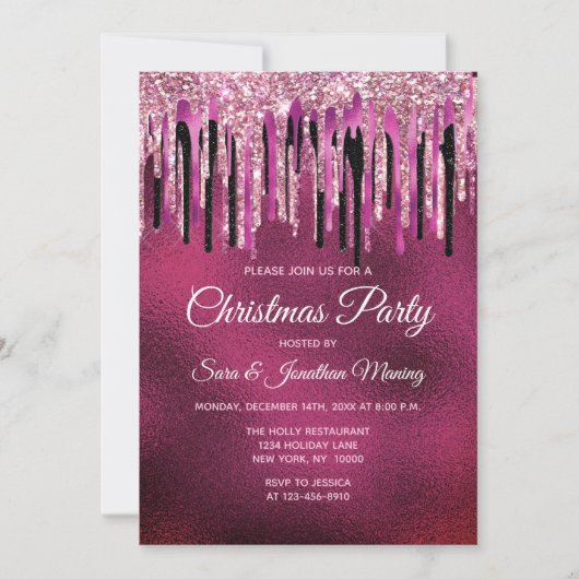 Chique heet roze zwart druppels glitter kerst kaart (Voorkant)