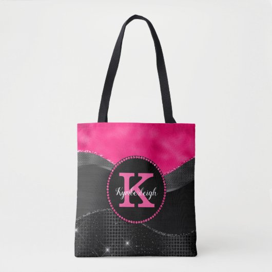 Chique Heet Roze Zwart Grijs Waves Glam Monogram N Tote Bag (Voorkant)