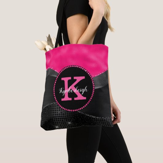 Chique Heet Roze Zwart Grijs Waves Glam Monogram N Tote Bag (Dichtbij)