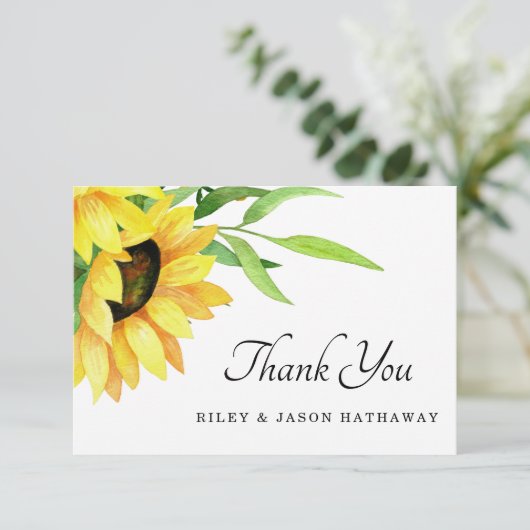 Chique heldere zonnebloemen rustieke bruiloft bedankkaart (Staand voorkant)