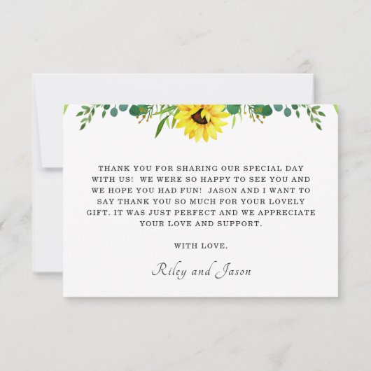 Chique heldere zonnebloemen rustieke bruiloft bedankkaart (Achterkant)