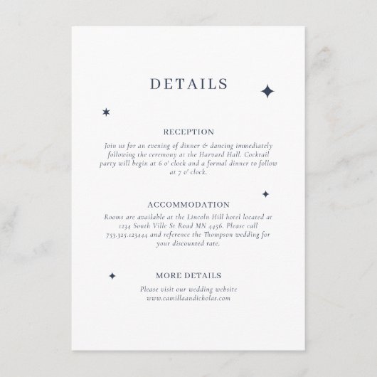 Chique hemelse blauwe sterren bruiloft details informatiekaartje (Voorkant)