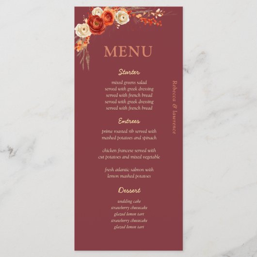 Chique herfst oranje terracotta bloemenbruiloft menu (Voorkant)