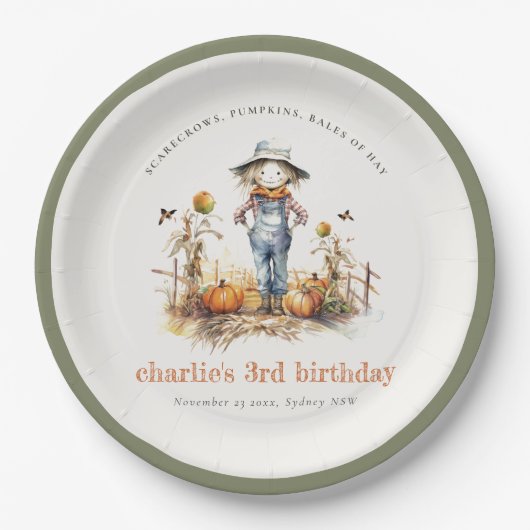 Chique Herfst Pompoen Scarecrow Oogst Kinderen Ver Papieren Bordje (Voorkant)