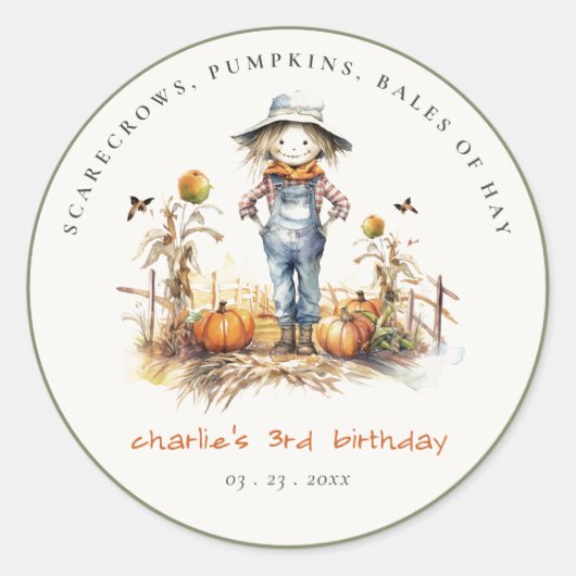Chique Herfst Pompoen Scarecrow Oogst Kinderen Ver Ronde Sticker (Voorkant)
