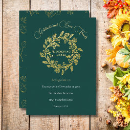 Chique herfstbeskrans donker teal goud schrift folie feestdagenkaart