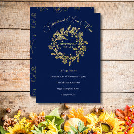 Chique herfstbeskrans donkerblauw goud schrift folie feestdagenkaart