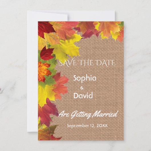 Chique herfstbladeren jute huwelijksaankondiging S Save The Date (Voorkant)