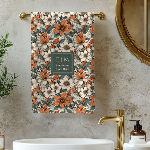 Chique herfstbloemen olijfgroene douchehanddoek op bad handdoek