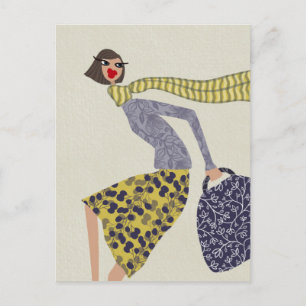 Chique herfstmode kunst ansichtkaart Miss Wendy Briefkaart