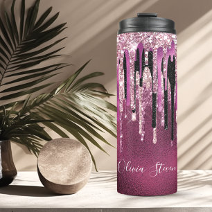 Chique hete roze zwarte druipende glitter monogram thermosbeker