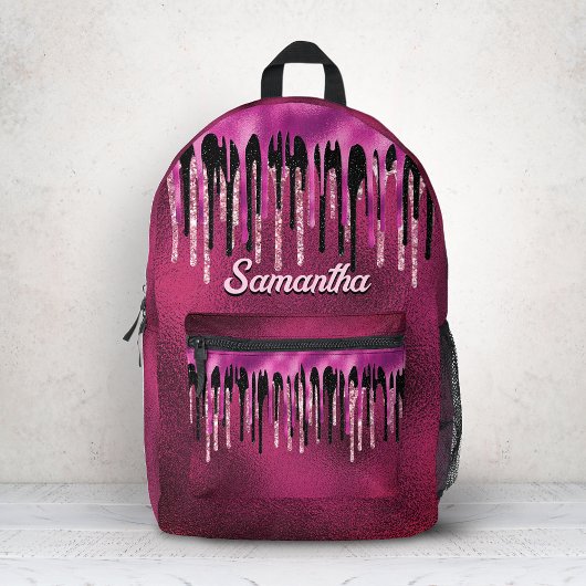 Chique hete roze zwarte druipende glitters monogra bedrukte rugzak
