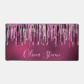 Chique hete roze zwarte druipende glitters monogra bureaumat (Voorkant)