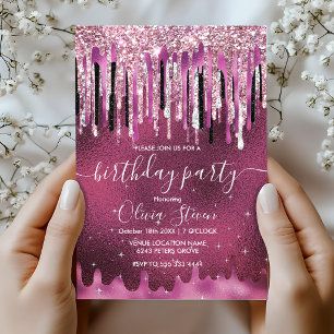 Chique hete roze zwarte druipende glitters monogra kaart