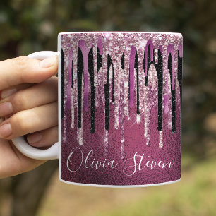 Chique hete roze zwarte druipende glitters monogra mok