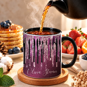 Chique hete roze zwarte druipende glitters monogra mok