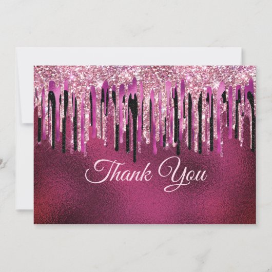 Chique hete roze zwarte druppels glitter bedankkaart (Voorkant)