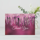 Chique hete roze zwarte druppels glitter bedankkaart (Staand voorkant)