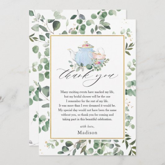 Chique High Tea Feestje Groene Bruidsdouche Bedankkaart (Voorkant / Achterkant)