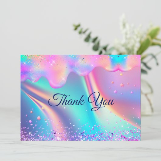 Chique holografische eenhoorn druipt glitter bedankkaart (Staand voorkant)