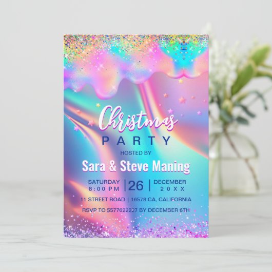 Chique holografische eenhoorn druipt glitter kerst kaart (Staand voorkant)