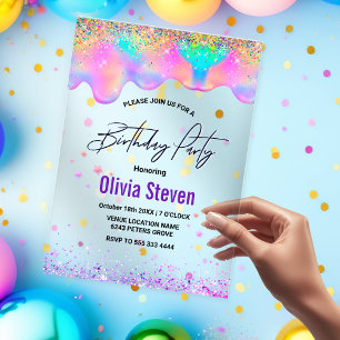 Chique holografische eenhoorn druppelt verjaardags acryl uitnodigingen