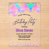 Chique holografische eenhoorn druppelt verjaardags acryl uitnodigingen (Voorkant)