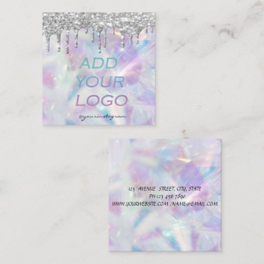 Chique holografische zilveren glitter druppelt je  vierkante visitekaartje (Voorkant / Achterkant)