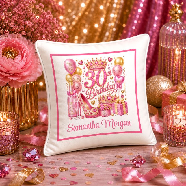 Chique Hot Pink Confetti 30e Verjaardag Kussen (Chic Hot Pink Confetti 30th Birthday Pillow

)