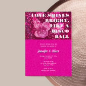 Chique Hot Pink Glitters Retro Disco Ball Bruiloft Kaart