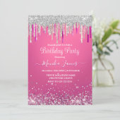 Chique Hot Pink Silver Drippings Glitter Monogram Kaart (Staand voorkant)