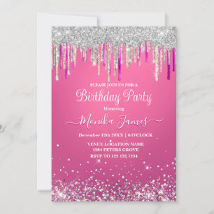Chique Hot Pink Silver Drippings Glitter Monogram Kaart