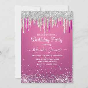 Chique Hot Pink Zilveren Druppelende Glitter Monog Kaart