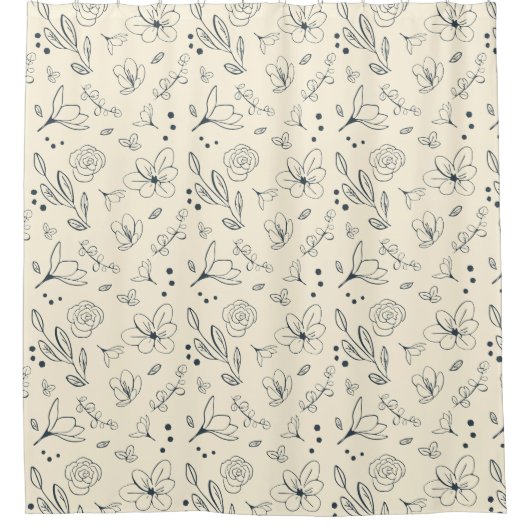 Chique houtskool crème minimalistische bloemen douchegordijn (Voorkant)