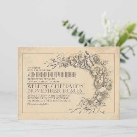 chique huwelijksuitnodiging antiek bloeit kaart (Staand voorkant)