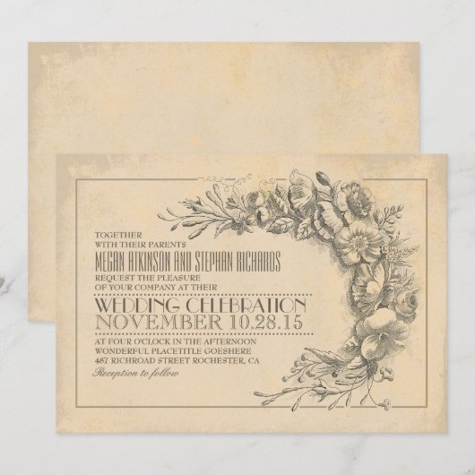 chique huwelijksuitnodiging antiek bloeit kaart (Voorkant / Achterkant)