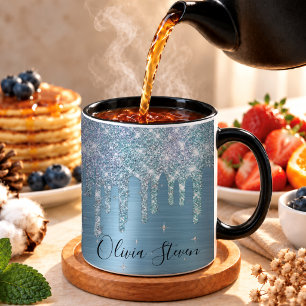 Chique ijsblauwe aqua druipende glitters monogram mok
