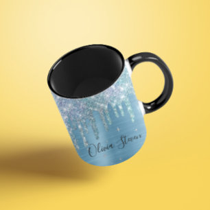 Chique ijsblauwe aqua druipende glitters monogram mok