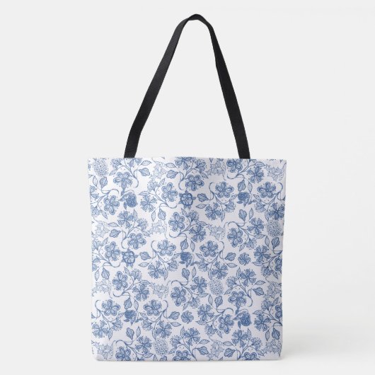 Chique Indigo Blauw en Wit Bloemen Patroon Tote Bag (Voorkant)
