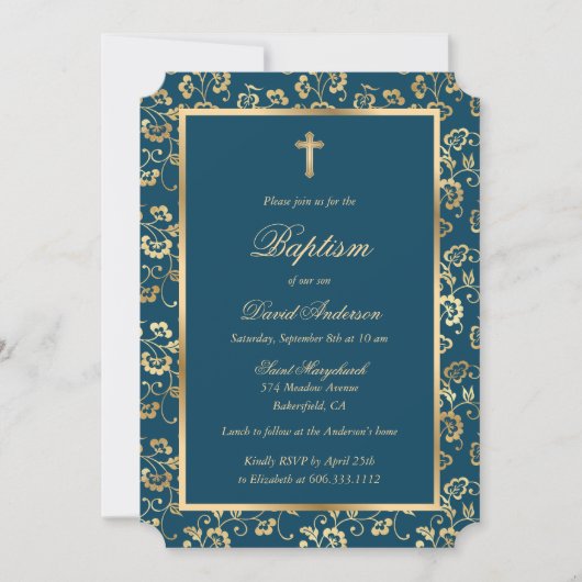 Chique Indigo Kleurstof Goud Cross Script Bloemen Kaart (Voorkant)