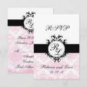 Chique initiële roze damast huwelijks- RSVP kaart (Voorkant / Achterkant)