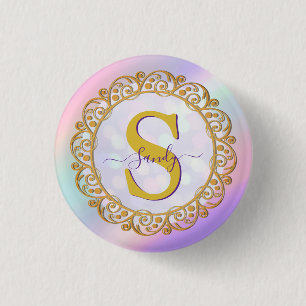 Chique Iridiserende Initiaal Met Gouden Krulwerk Ronde Button 3,2 Cm