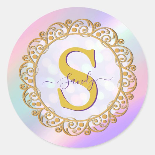 Chique Iridiserende Initiaal Met Gouden Krulwerk Ronde Sticker (Voorkant)