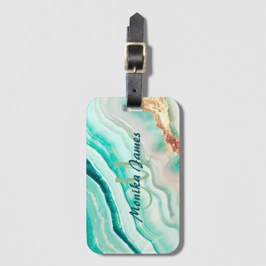 Chique iriserende munt gouden faux glitter monogra bagagelabel (Voorkant (verticaal))