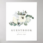 Chique Ivoor Bloemen Groen Bruiloft Gastenboek Tek Poster (Voorkant)