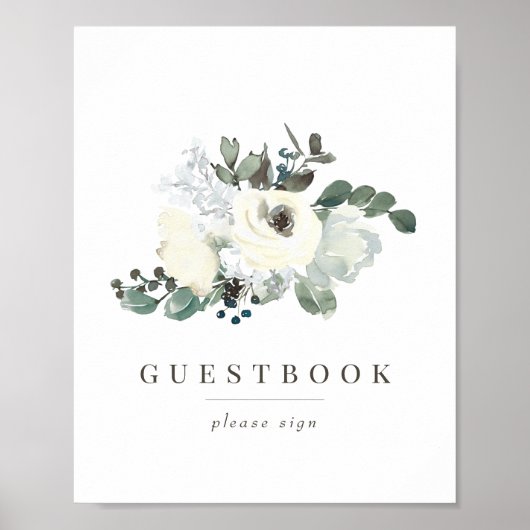 Chique Ivoor Bloemen Groen Bruiloft Gastenboek Tek Poster (Voorkant)