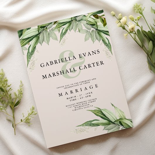 Chique ivoor groen gebladerte bloemenampersand bru kaart