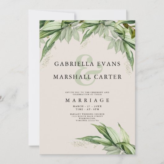 Chique ivoor groen gebladerte bloemenampersand bru kaart (Voorkant)