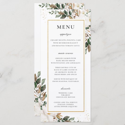 Chique Ivoor Magnolia Bloemen Groen Bruiloft Menu (Voorkant / Achterkant)