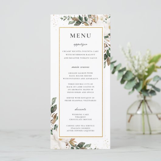 Chique Ivoor Magnolia Bloemen Groen Bruiloft Menu (Staand voorkant)